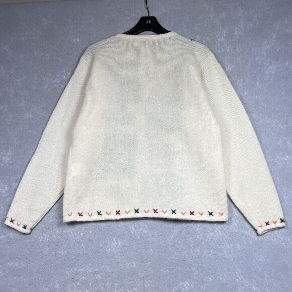 Vintage Woolrich Christmas Sweater Size Large Ivory Holiday Cardigan Wool Mohair - Picture 6 of 11